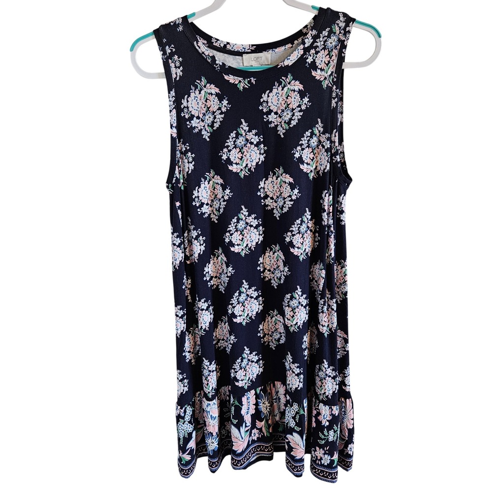 LOFT Womens Navy Blue Floral Ruffle Hem Sleeveless Swing Dress Large